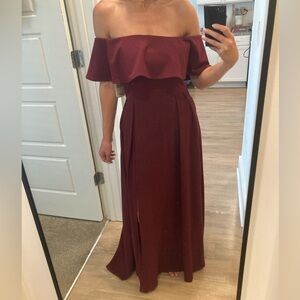 Red wine color off the shoulder maxi dress with slit in leg